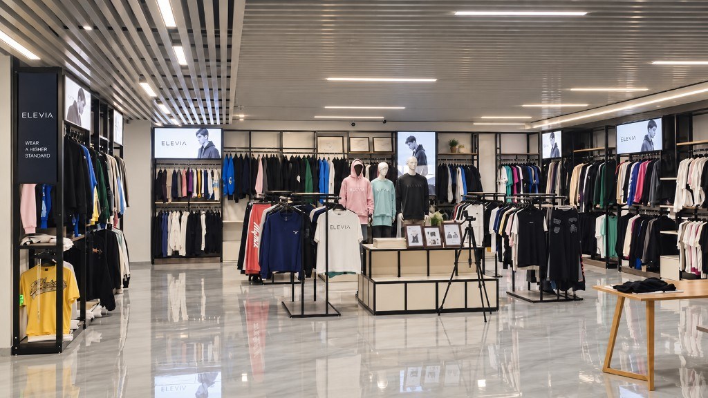 ELEVIA Guangzhou showroom — men’s performance apparel sample racks, mannequins and buyer display